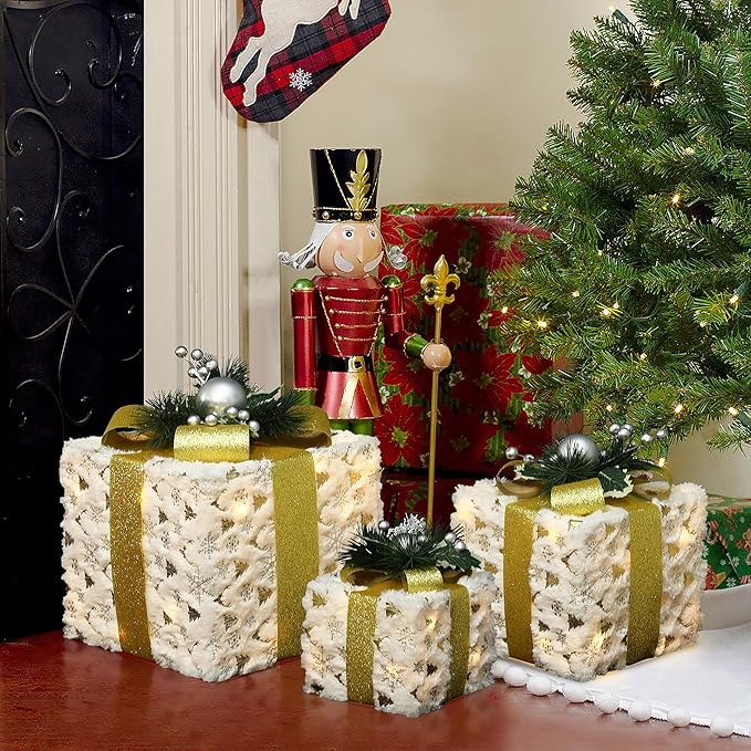LuxenHome Set of 3 Lighted Gift Boxes, Battery Operated Snowflake Fabric with Gold Ribbon Bow Boxes for Xmas, Lawn, Porch, Under Tree Indoor, Outdoor Christmas Decorations