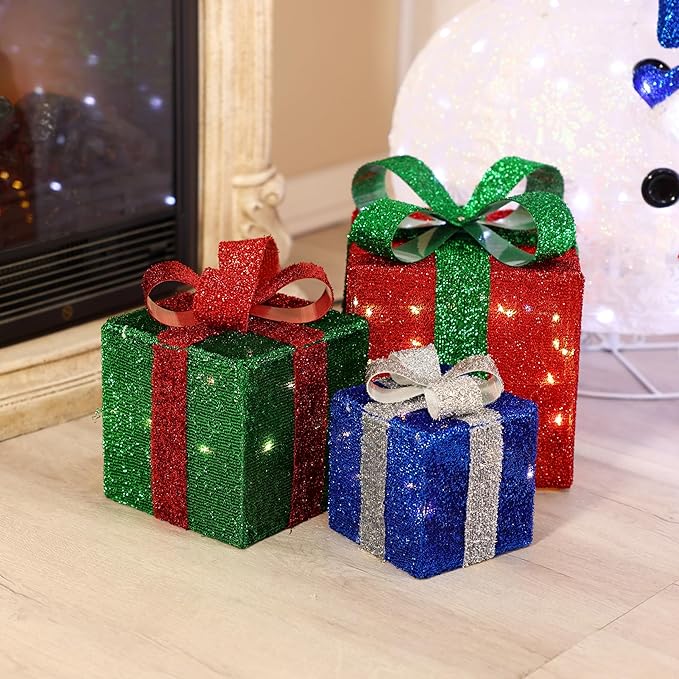 LuxenHome Set of 3 Lighted Gift Boxes, Plug-in Multi Color Boxes with Ribbon Bow for Xmas Holiday Display, Lawn, Porch, Under Tree Indoor, Outdoor Christmas Decoration.