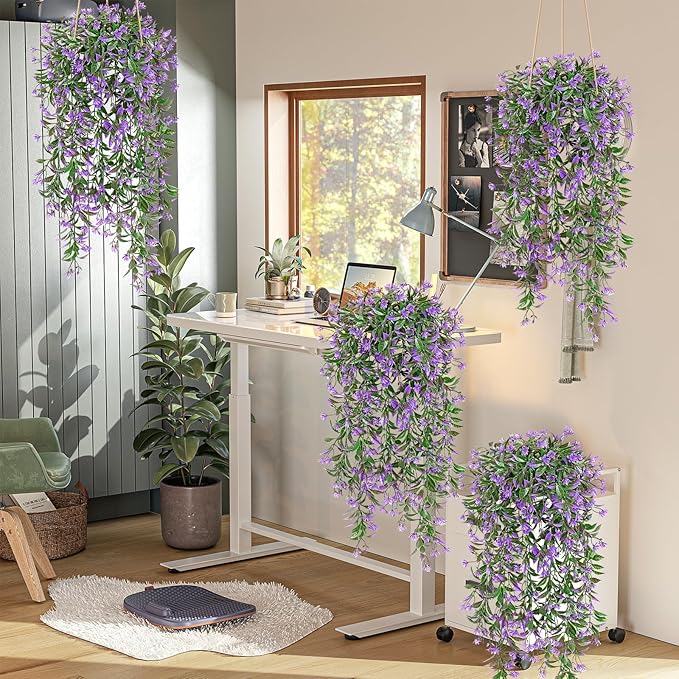 TOCHGREEN 4Pcs Artificial Hanging Plants Fern Vine, Faux Plastic Plants Fake Ivy Vine Greenery Garland with Purple Flower, Outdoor Indoor Decorations for Living Room Balcony Garden Wall Home Decor