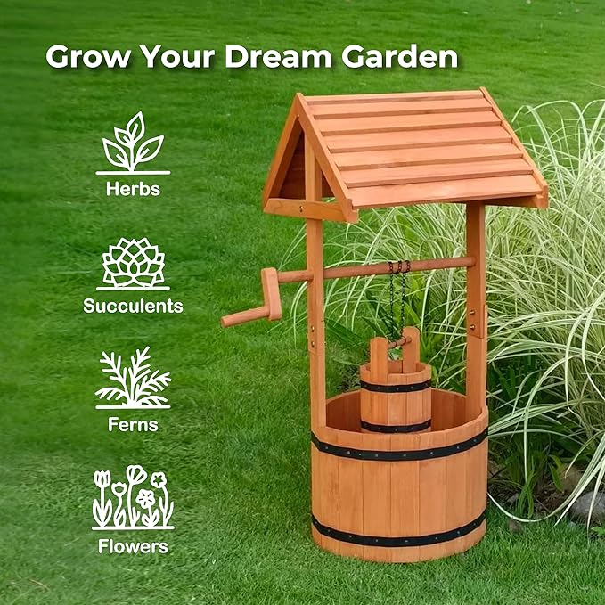 Wooden Wishing Well for Outside, Wishing Well Planter for Yard with Hanging Bucket, Rustic Flower Pot Home Decor for Garden, Backyard