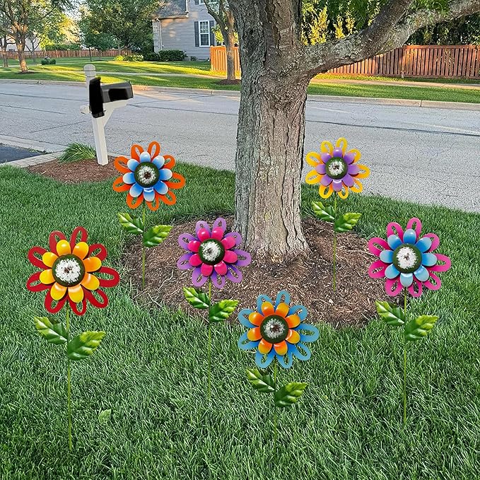 Metal Garden Flower Stakes, Outdoor Yard Art Decorations, 16.5 inch Height, Set of 6 Colorful Daisies (Yard Garden Decor)