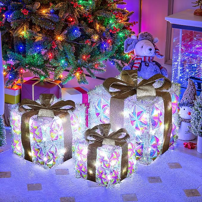LuxenHome Set of 3 Lighted Gift Boxes, Plug-in Silver Prism with Gold Ribbon Bow Boxes with 70 LED Lights for Entryway, Lawn, Porch, Under Tree Indoor, Outdoor Christmas Decoration