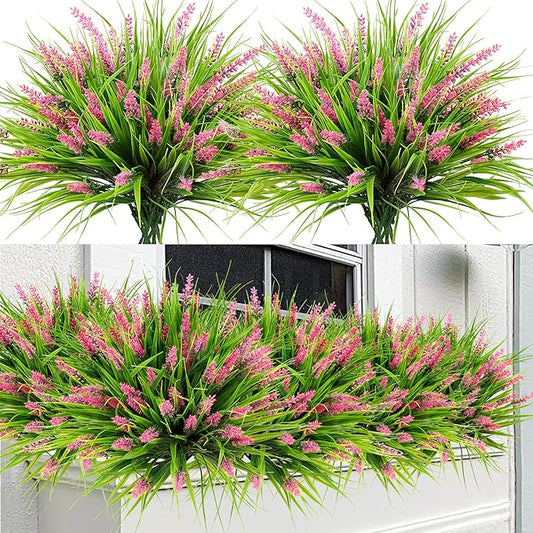 Sggvecsy 12 Bundles Artificial Plants Outdoor Faux Lavender Flowers Fake Monkey Grass UV Resistant Plastic Greenery Plants for Garden Home Porch Window Patio Hanging Planter Indoor Decor(Pink)