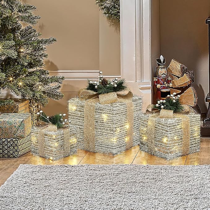 LuxenHome Set of 3 Lighted Gift Boxes, Battery Operated Silver Tinsel with Gold Ribbon Bow Boxes for Xmas, Lawn, Porch, Under Tree Indoor, Outdoor Christmas Decorations