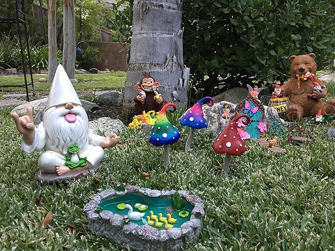 GlitZGlam Rocker Gnome George with Zen Frog - This Garden Gnome Combines Peace, Tranquility and Rock N Roll for Your Fairy Garden