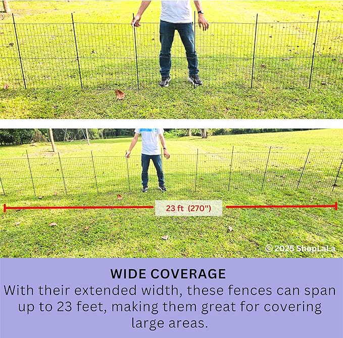 ShopLaLa Decorative Garden Fence (10 Panels) 28in(L) x 32in(H) Animal Barrier Fencing Rustproof Black Metal Wire Flower Edging for Yard Landscape, Small Dog Border No Dig Patio Outdoor Decor D-YC32