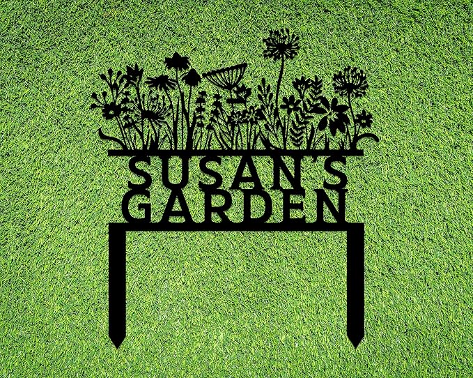 Personalized Flowers Garden Sign with Stakes, Custom Flowers Metal Garden Decor, Sign for Flower Beds, Metal Yard Art, Gift for Grandmother, Gift for Mom, Patio Garden Decorations, Housewarming Gift