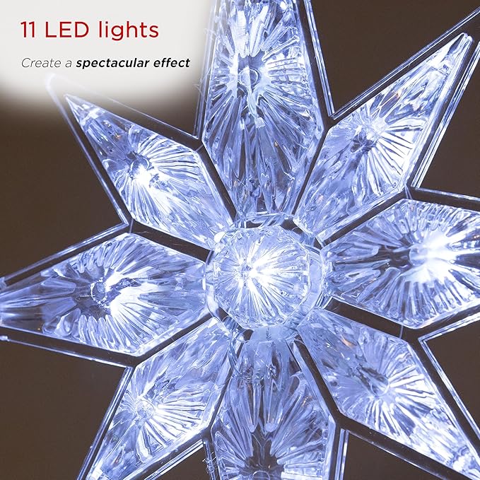 Alpine Corporation 13" H Snowflake 8-Point Tree Toppers with 31 Cool White LED Lights, Christmas Decoration