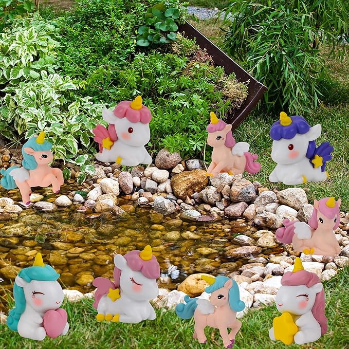 Mood Lab Miniature Unicorn Figurines Set - Funny Mini Statue Kit of 9 pcs - Unicorn Fairy Garden Accessories
