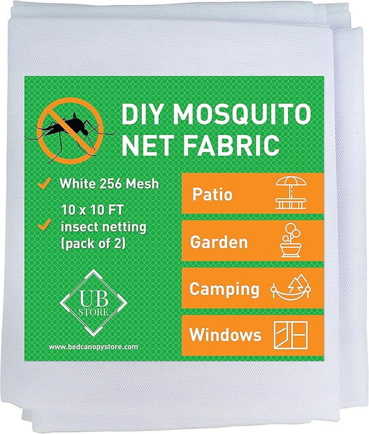 White DIY Mosquito Net Fabric | 10x10 FT Netting 2 Pack | Insect Cover for Garden, Patio, Outdoor & Windows | Multiple Sizes in Black, White & Green | Raised Bed Screen Mesh Barrier