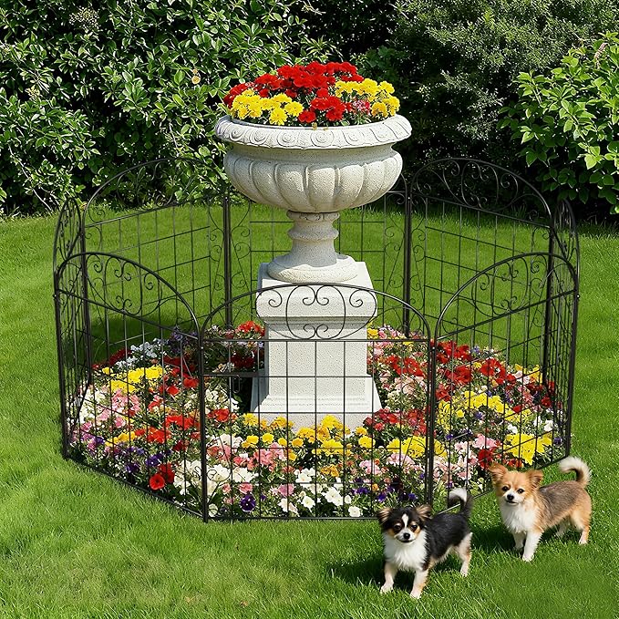 8 Panels Garden Fence Animal Barrier with Gate, 30 in(H) x 16.8 ft(L) No Dig Dog Fence Outdoor for Yard, Decorative Metal Garden Fencing Wire Panel Border for Dogs, Rabbits, Patio, Flower Bed