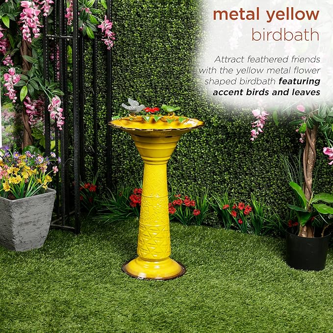 Alpine Corporation ORS112YL Vintage Metal Pedestal Birdbath with Stand, Shallow Bird Bath Bowl for Outside, 28" H, Yellow
