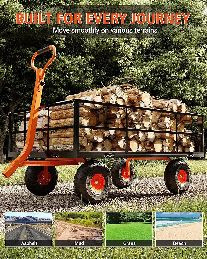 Metal Wagon - 900lbs Garden Cart with 10" Multi-Terrain Tires, 4 Removable Mesh Sides & 180° Swivel Handle, Yard Wagon Cart for Lawn, Yard, Patio Gardening