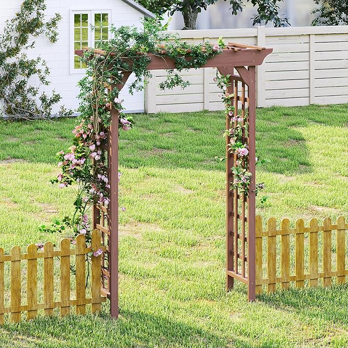 Outdoor Wooden Arch Pergola for Garden, Backyard, Patio & Wedding (Dark Brown, 63" W x 85.5" H)