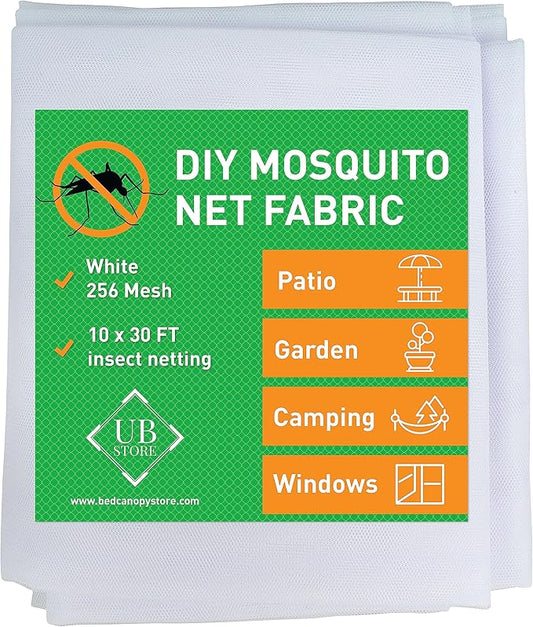 White DIY Mosquito Net Fabric | 10x30 FT Netting | Insect Cover for Garden, Patio, Outdoor & Windows | Multiple Sizes in Black, White & Green | Raised Bed Screen Mesh Barrier