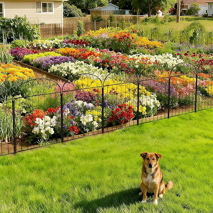 4 Panels Garden Fence Dog Fence Outdoor for Yard with Gate, 30 in(H) x 8.4 ft(L) No Dig Decorative Garden Fencing Animal Barrier, Metal Wire Panel Border for Dogs, Rabbits, Patio, Flower Bed