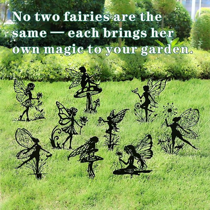 Fairy Garden Decor - 9-Piece Metal Garden Statue Deals for Outdoor, Yard & Lawn - Whimsical Iron Fairy Sculptures Set (11.8 Inch) (Nine Fairies)