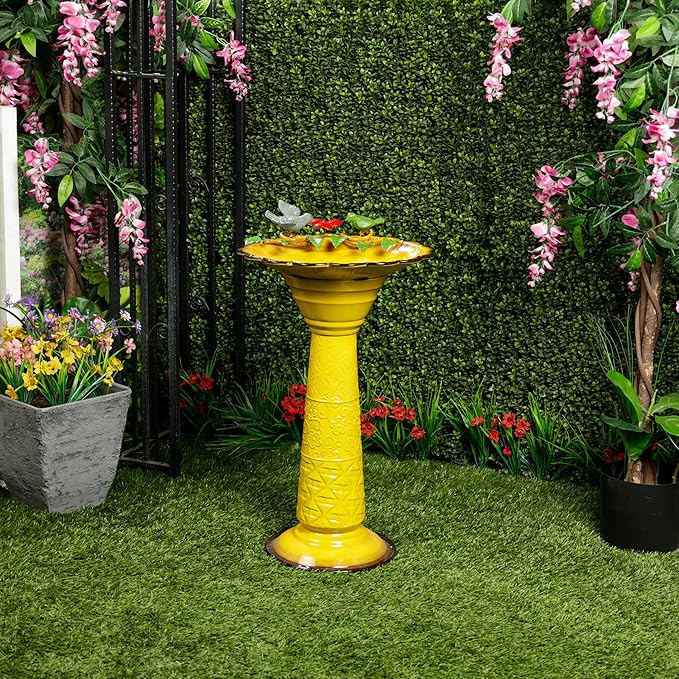 Alpine Corporation ORS112YL Vintage Metal Pedestal Birdbath with Stand, Shallow Bird Bath Bowl for Outside, 28" H, Yellow