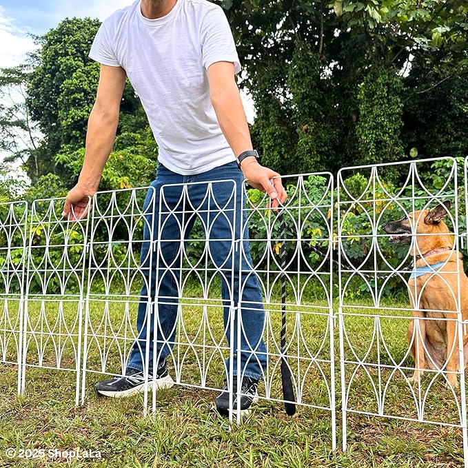 ShopLaLa Decorative Garden Fence (10 Panels) 12.5in(L) x 31in(H) Animal Barrier Fencing Rustproof White Metal Wire Flower Edging for Landscape, Tall Large No Dig Fences Back Yard Pet Porch Gate D-F30D