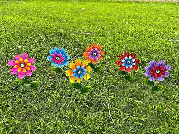 Colorful Metal Garden Flower Stakes, 6-Pack Decorative Yard Art, 16.5 inch Height, Outdoor Lawn Ornaments
