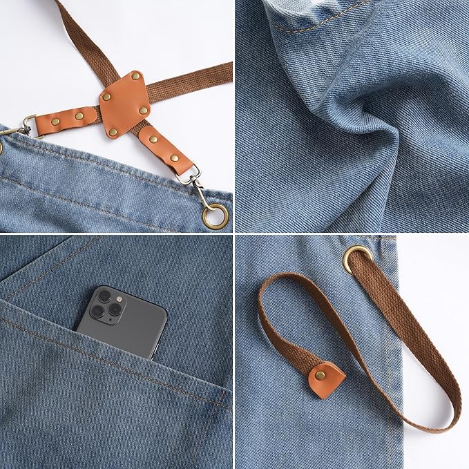 Denim Bbq Apron for Men Women with Pockets Adjustable Cross Back Chef Aprons for Kitchen Cooking Grilling Working