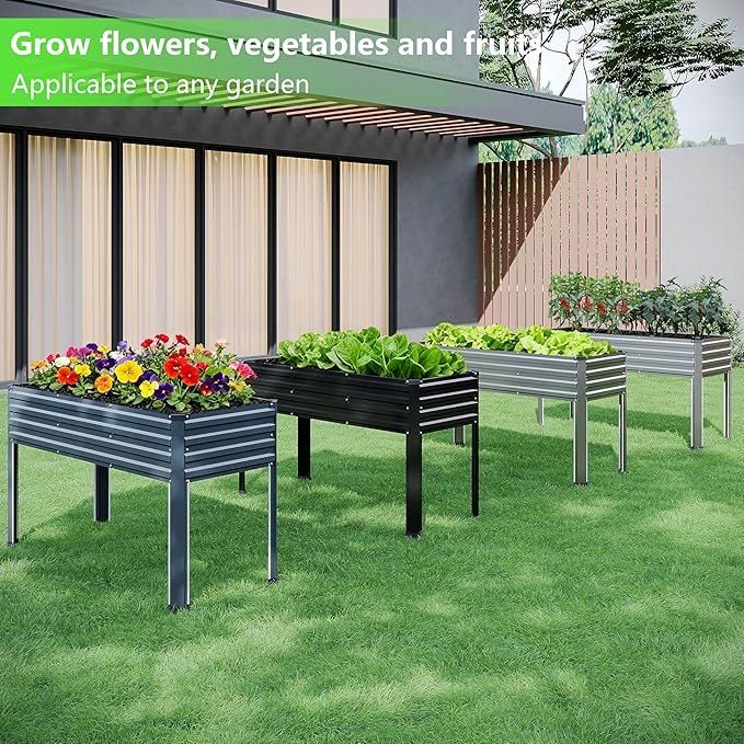 MGNO Galvanized Raised Garden Bed Outdoor with Legs,48×18×32in Metal Elevated Raised Planter Box for Backyard, Patio, Balcony, 300lb Capacity,Grey…