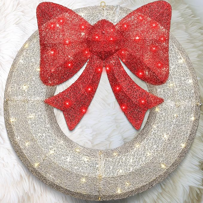 Lamerge 1PC Pre-Lit Outdoor Christmas Wreath Decorations, 36'' Bow Holiday Decor Wreath, Christmas Wreath with 90 Lights, Lights Outdoor/Indoor Decorations for Front Door, Wall, Window, White