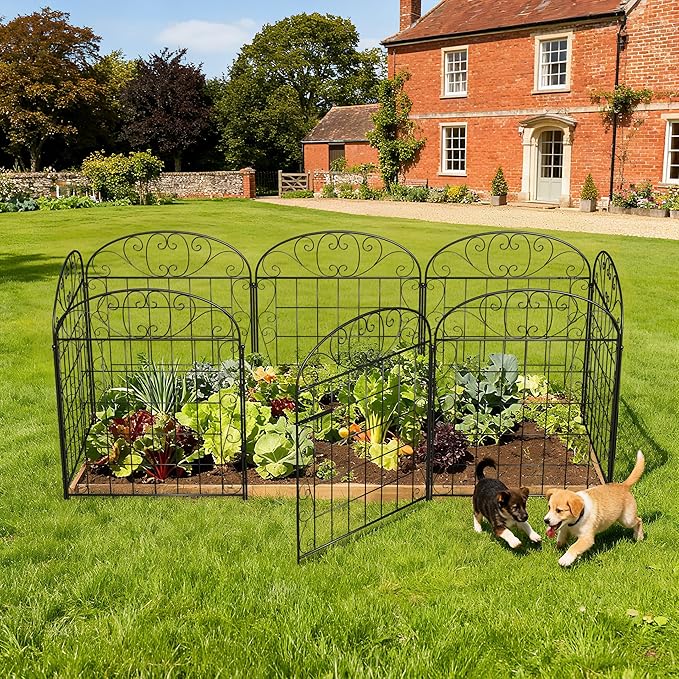 8 Panels Garden Fence Animal Barrier with Gate, 30 in(H) x 16.8 ft(L) No Dig Dog Fence Outdoor for Yard, Decorative Metal Garden Fencing Wire Panel Border for Dogs, Rabbits, Patio, Flower Bed