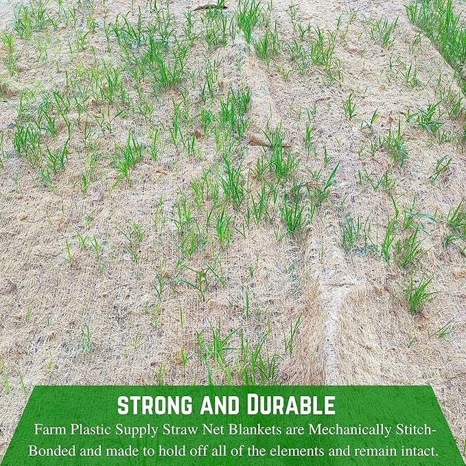 Farm Plastic Supply - Erosion Control Blanket - Straw Garden and Landscape Cover, Erosion Control Blanket, Straw Blanket, Erosion Control, Mulch, Slope Stabilizer, and Seed Protector (6' x 112.5')