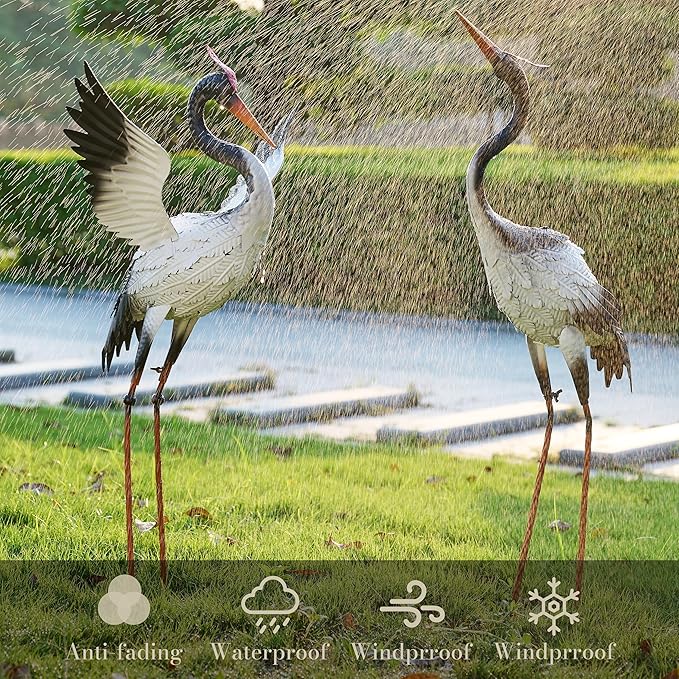 TERESA'S COLLECTIONS Yard Decorations Outdoor Garden Statues, White Metal Crane Yard Art, 33-39" Lawn Ornaments for Backyard,Outside Porch,Patio,Heron Decoy Bird Garden Decor,Set of 2,Gifts for Mom