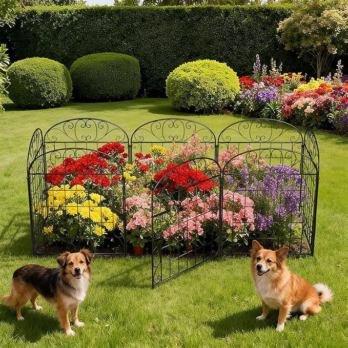 8 Panels Garden Fence Animal Barrier with Gate, 30 in(H) x 16.8 ft(L) No Dig Dog Fence Outdoor for Yard, Decorative Metal Garden Fencing Wire Panel Border for Dogs, Rabbits, Patio, Flower Bed