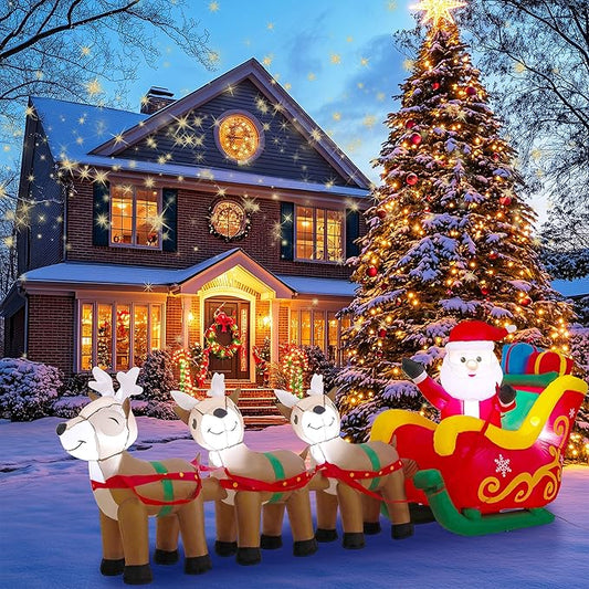 9.5 FT Christmas Inflatable Santa Claus on Sleigh with 3 Reindeer, Blow Up Santa, Christmas Inflatable Outdoor Decorations with Built-in LED Lights for Indoor, Garden, Lawn, Holiday, Party