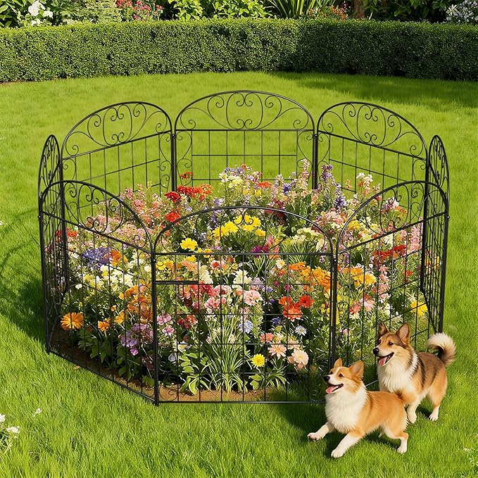 8 Panels Garden Fence Animal Barrier with Gate, 30 in(H) x 16.8 ft(L) No Dig Dog Fence Outdoor for Yard, Decorative Metal Garden Fencing Wire Panel Border for Dogs, Rabbits, Patio, Flower Bed