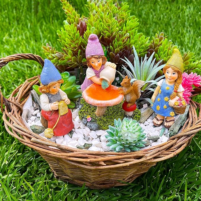 Mood Lab Miniature Garden Gnomes - Lady Gnomes Kit of 3 pcs - Figurines & Accessories Set - Outdoor or House Decor