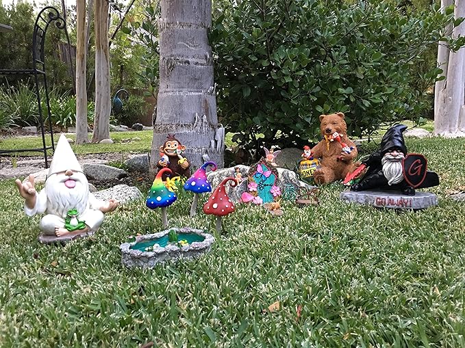 GlitZGlam Rocker Gnome George with Zen Frog - This Garden Gnome Combines Peace, Tranquility and Rock N Roll for Your Fairy Garden