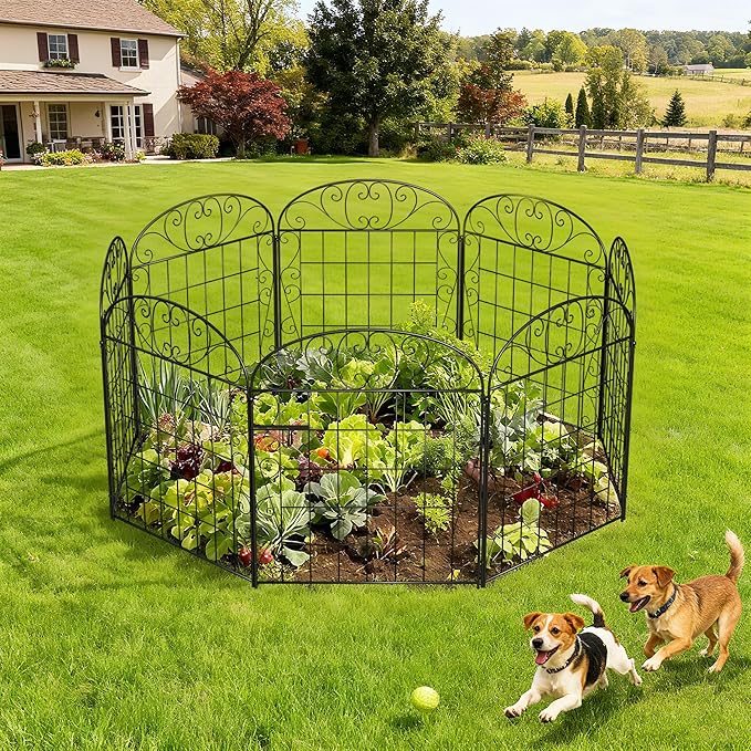 8 Panels Garden Fence Animal Barrier with Gate, 30 in(H) x 16.8 ft(L) No Dig Dog Fence Outdoor for Yard, Decorative Metal Garden Fencing Wire Panel Border for Dogs, Rabbits, Patio, Flower Bed