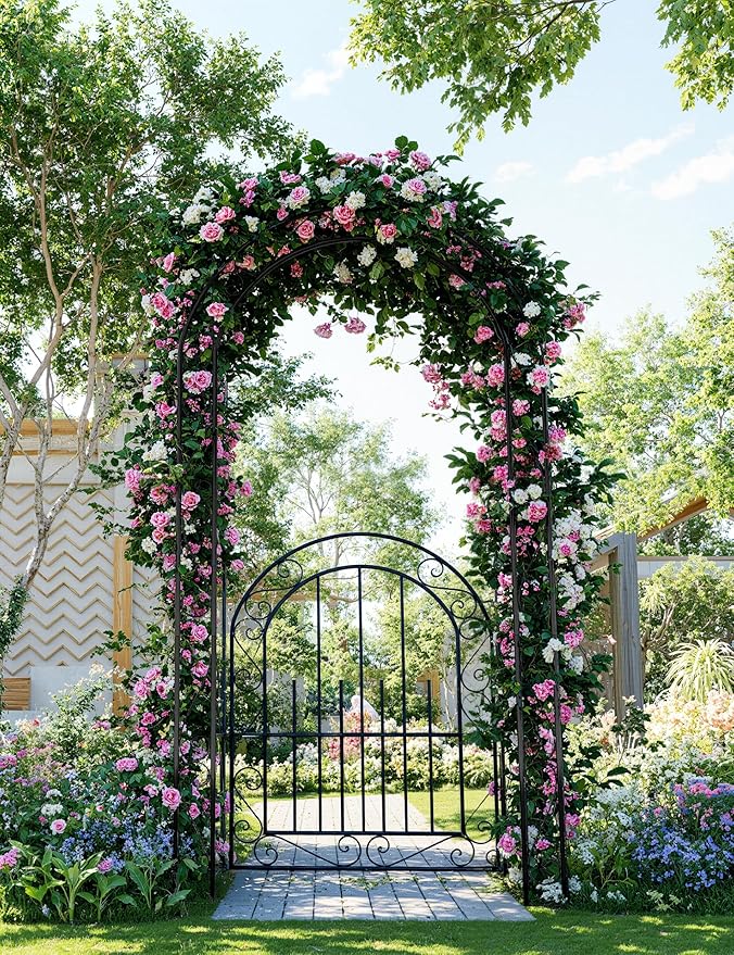 7 FT Elegant Garden Arch with Gate - Romantic Steel Wedding Arbor for Climbing Roses & Vines, Decorative Metal Archway for Lawn, Patio or Backyard, Classic Black