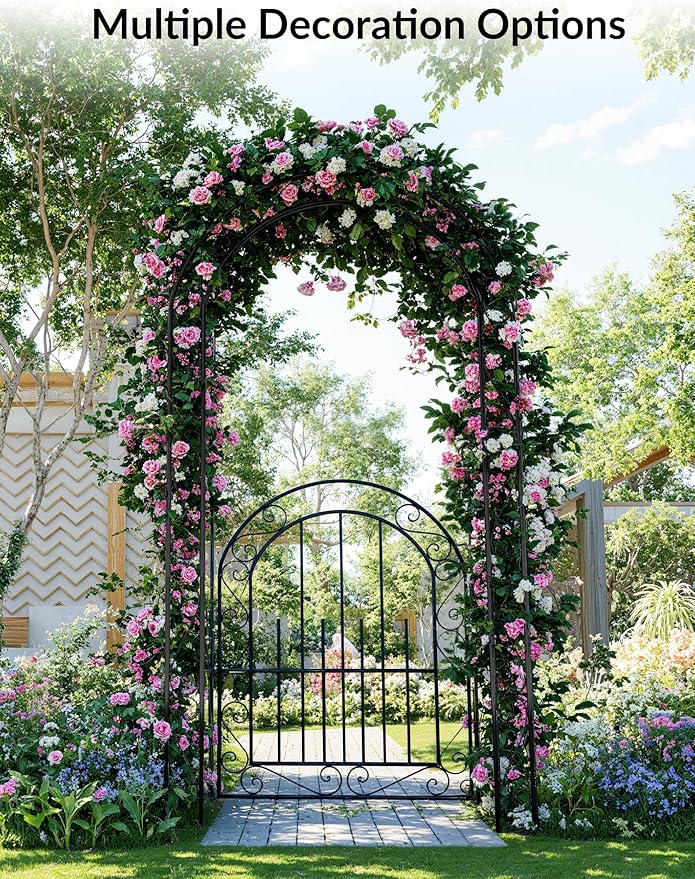 84" Garden Arch Arbor with Gate, Metal Arch Trellis, Garden Archway for Climbing Vines, Wedding Ceremony Decoration, Flourishes & Arrow Tips, Black