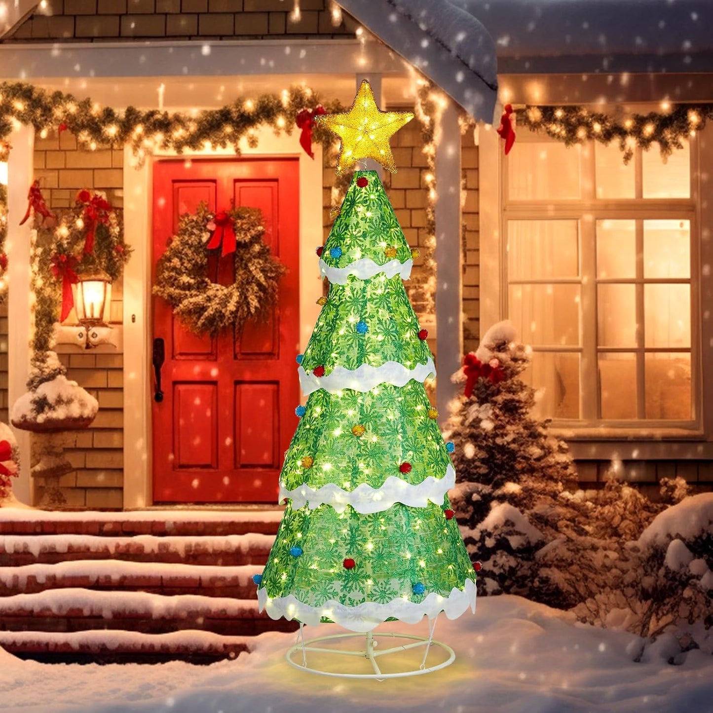 VINGLI Outdoor Light up Christmas Tree, 6FT Jumbo Christmas Lighted Tree with Tree Top Star, Pop up Xsmas Trees with LED Lights Outdoor Decoration for Indoor Porch Lawn