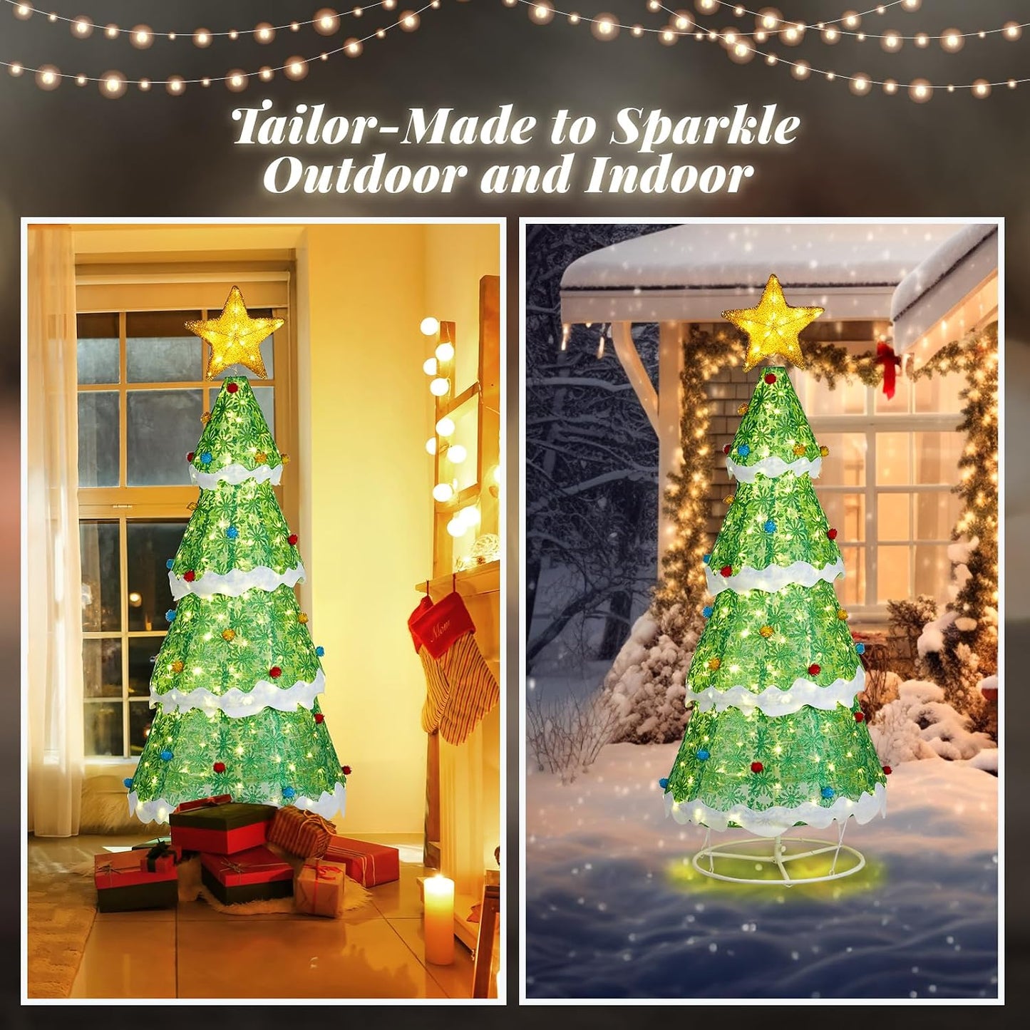 VINGLI Outdoor Light up Christmas Tree, 6FT Jumbo Christmas Lighted Tree with Tree Top Star, Pop up Xsmas Trees with LED Lights Outdoor Decoration for Indoor Porch Lawn