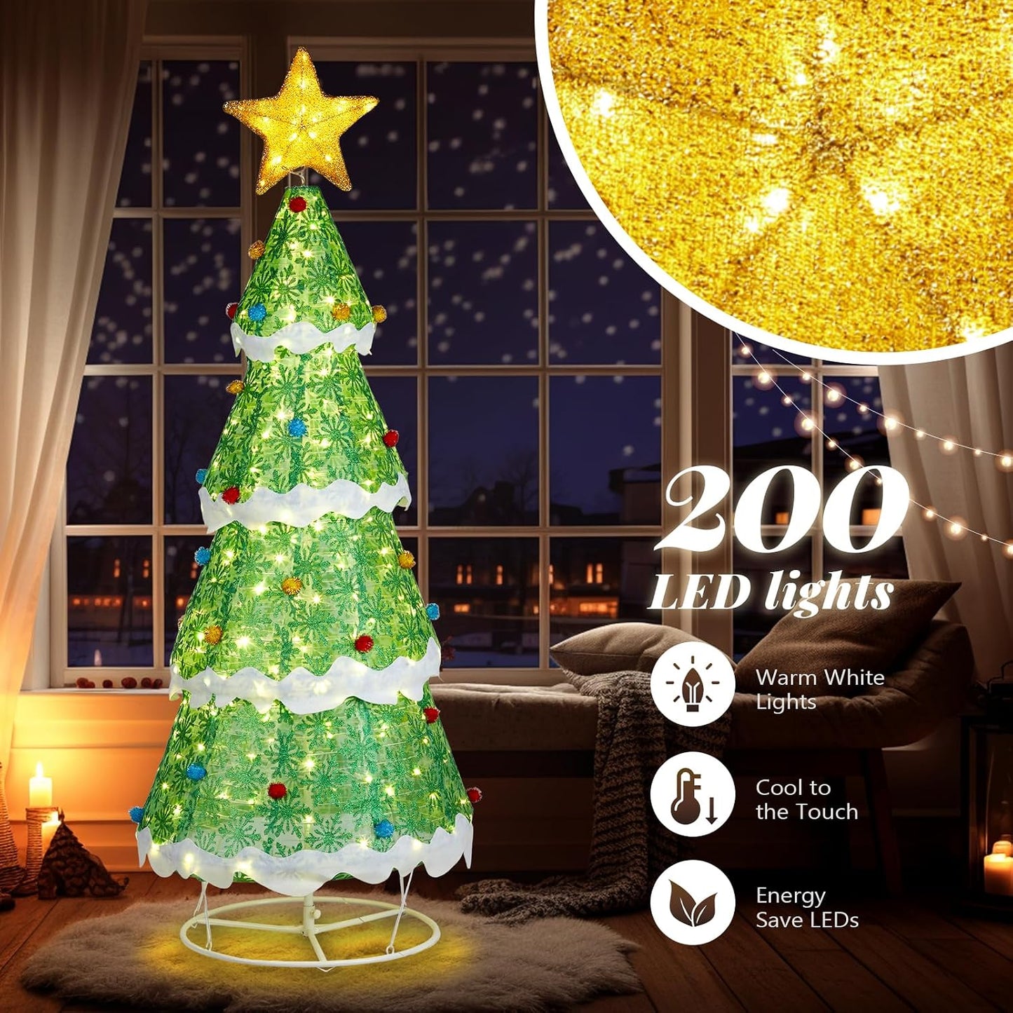 VINGLI Outdoor Light up Christmas Tree, 6FT Jumbo Christmas Lighted Tree with Tree Top Star, Pop up Xsmas Trees with LED Lights Outdoor Decoration for Indoor Porch Lawn