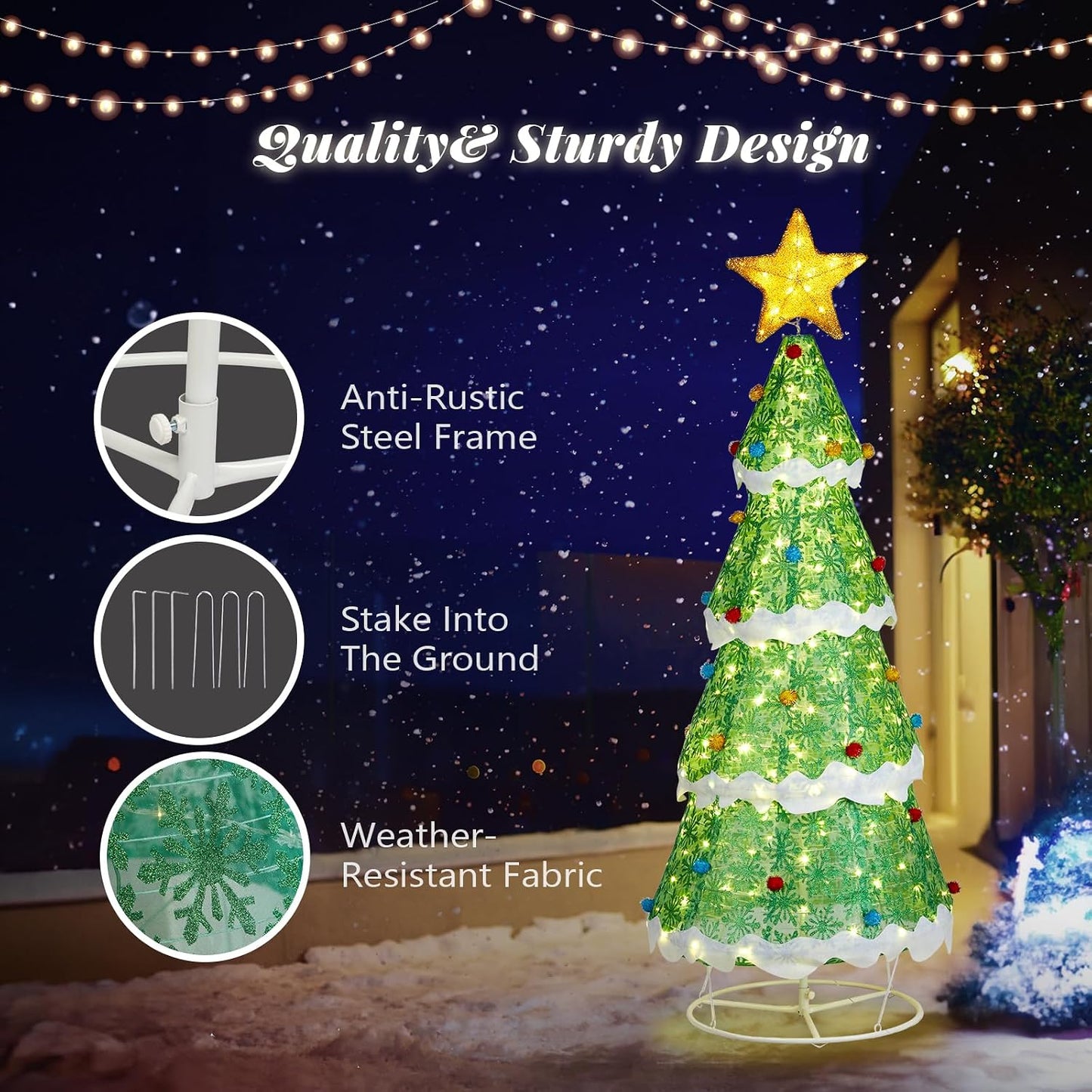 VINGLI Outdoor Light up Christmas Tree, 6FT Jumbo Christmas Lighted Tree with Tree Top Star, Pop up Xsmas Trees with LED Lights Outdoor Decoration for Indoor Porch Lawn